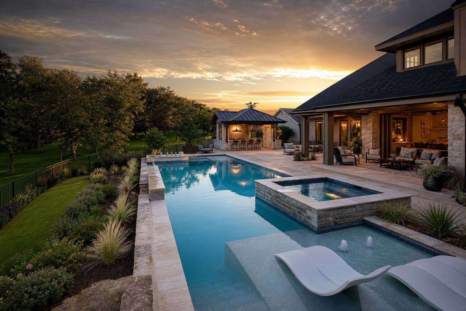 Luxury custom backyard pool with spa and outdoor kitchen in a Texas home