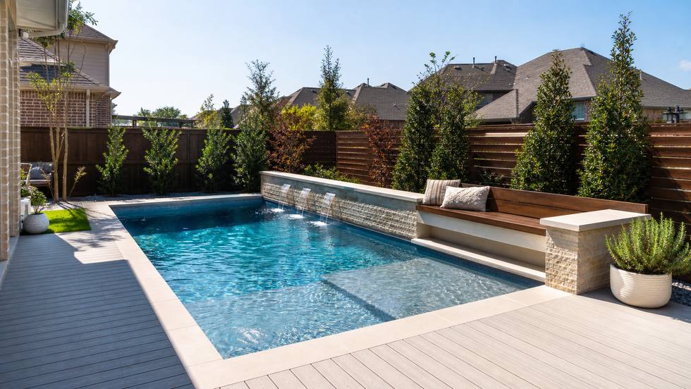 Plano compact backyard pool with bench seating